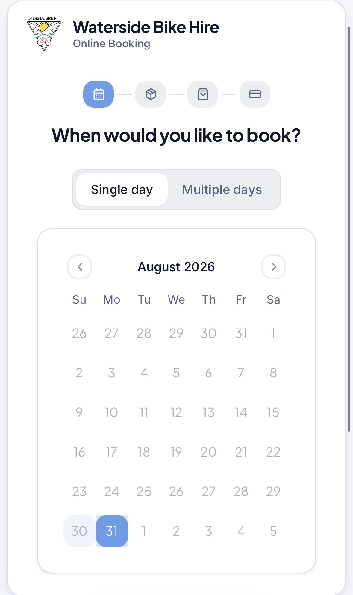 Waterside Bike Hire online booking calendar step asking when the customer would like to book