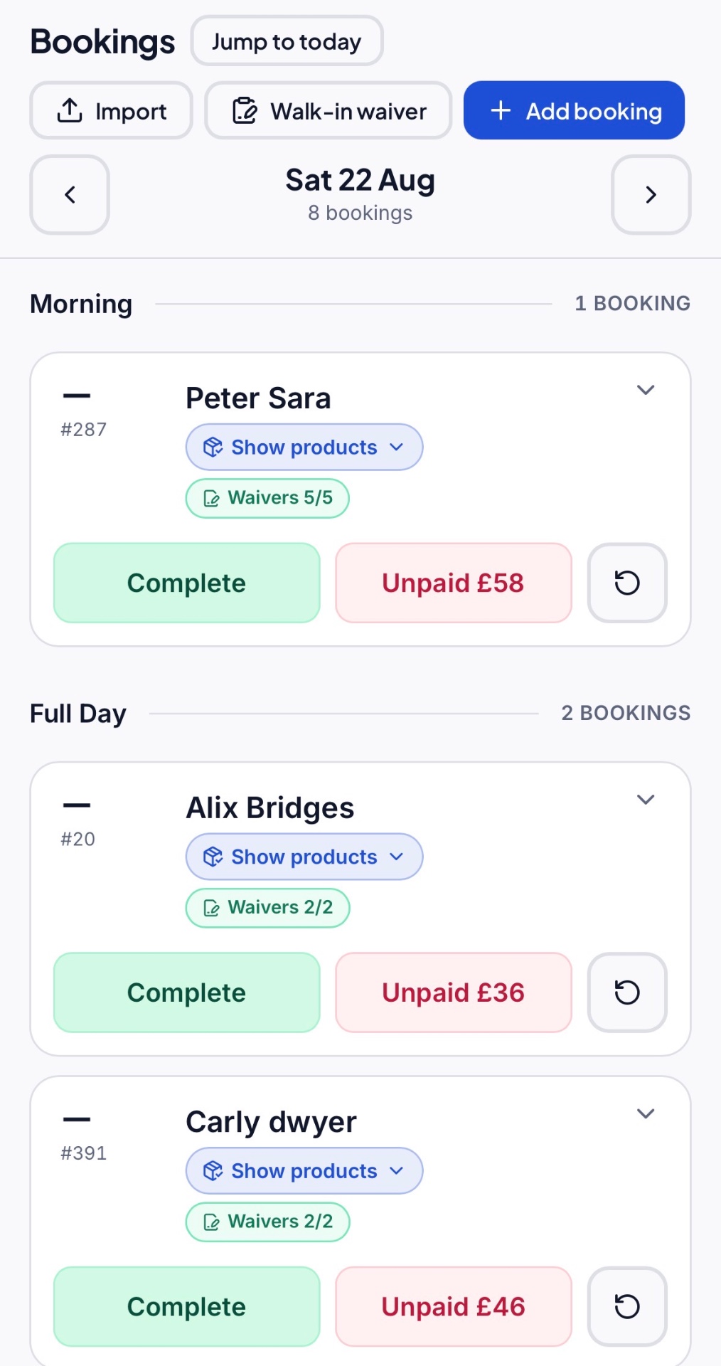 Zippy Booking bookings screen showing a day's bookings grouped by session with waiver, payment and completion status