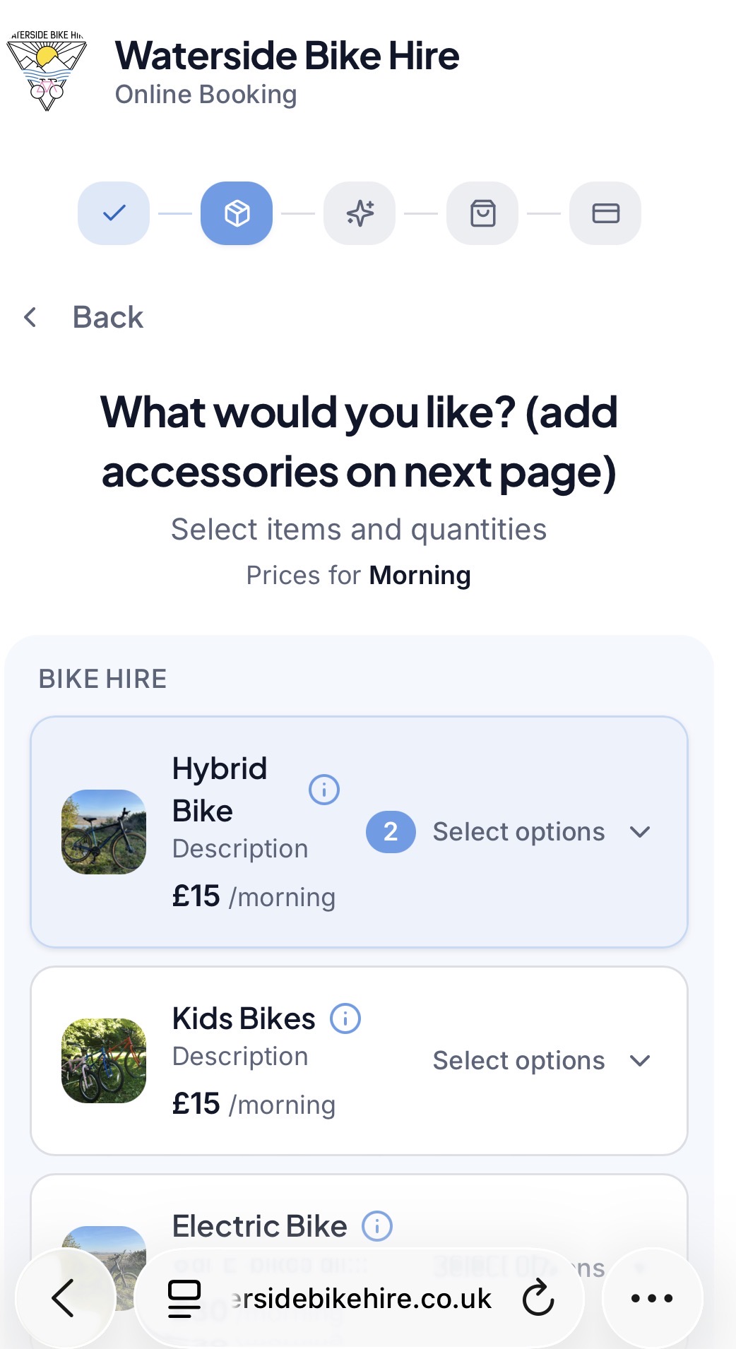 Waterside Bike Hire online booking step showing hybrid, kids and electric bike options with prices
