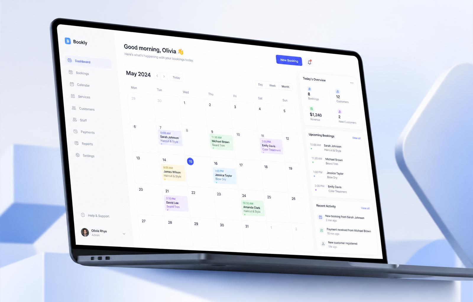 Zippy Booking dashboard with calendar and bookings